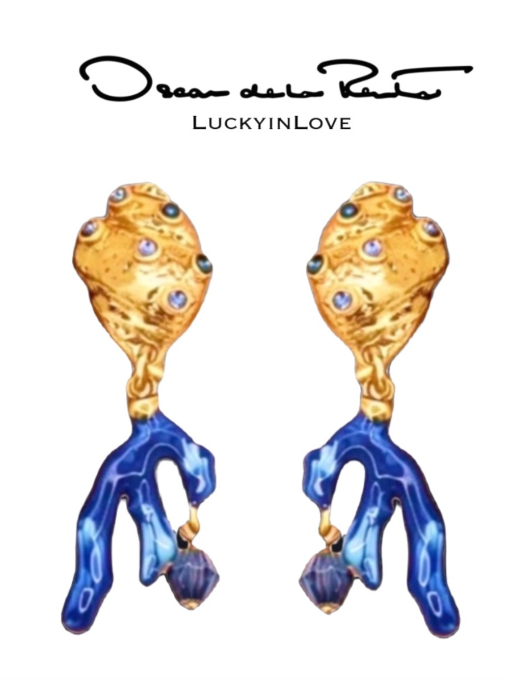 OSCAR de la RENTA • Gold Shell Blue Coral Crystal Post Drop Earrings